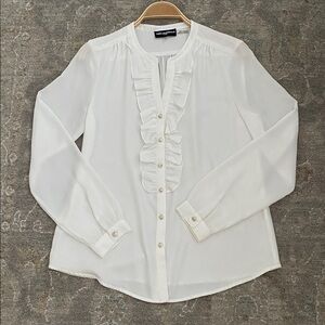 NWT Karl Lagerfeld Creamy Long Sleeve Ruffled V-Neck Button-up Blouse Size S